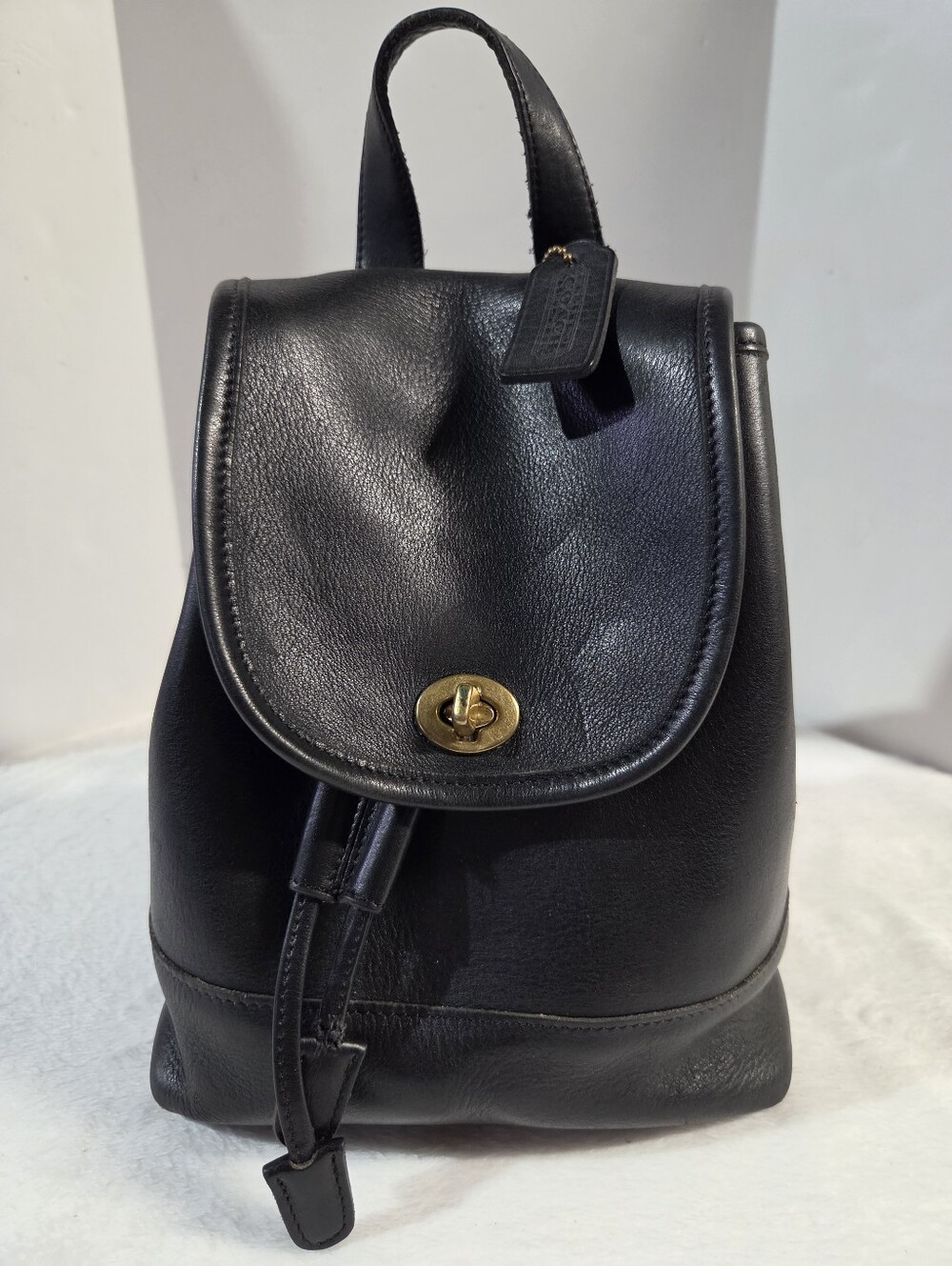 Vintage Coach Black Leather Day Backpack with Gold-Tone Turnlock